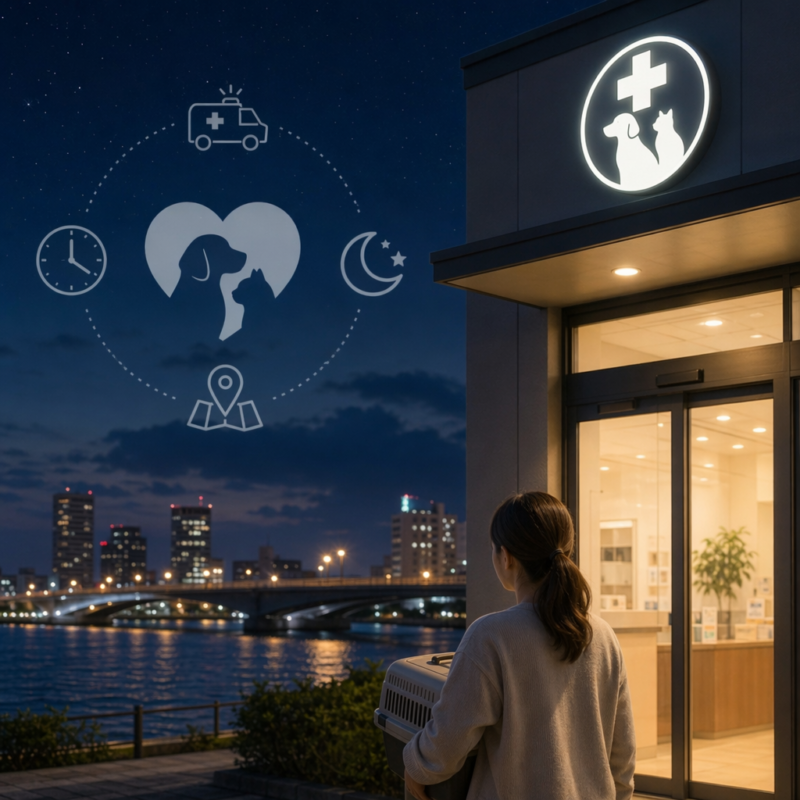 夜の新潟の動物病院外観、急患対応を示すペットキャリーを持つ人と深夜営業アイコン