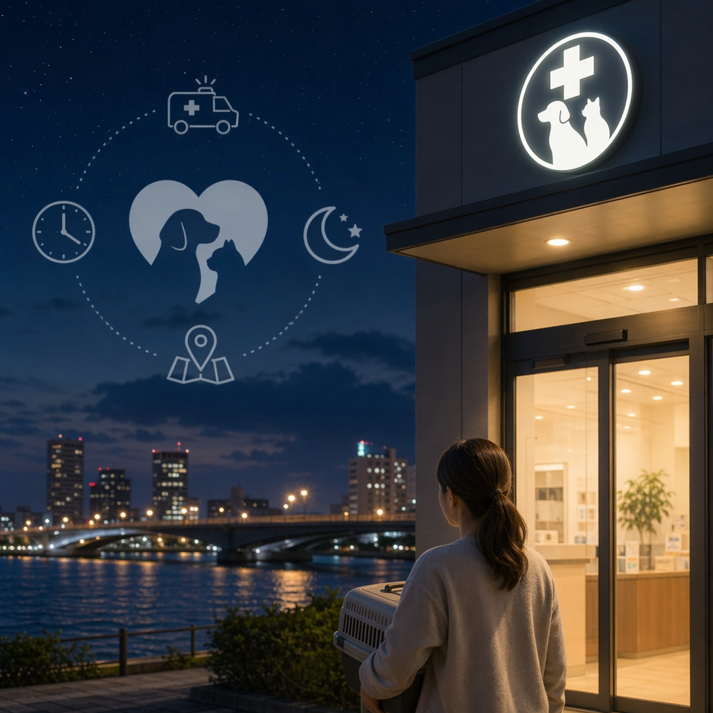 夜の新潟の動物病院外観、急患対応を示すペットキャリーを持つ人と深夜営業アイコン