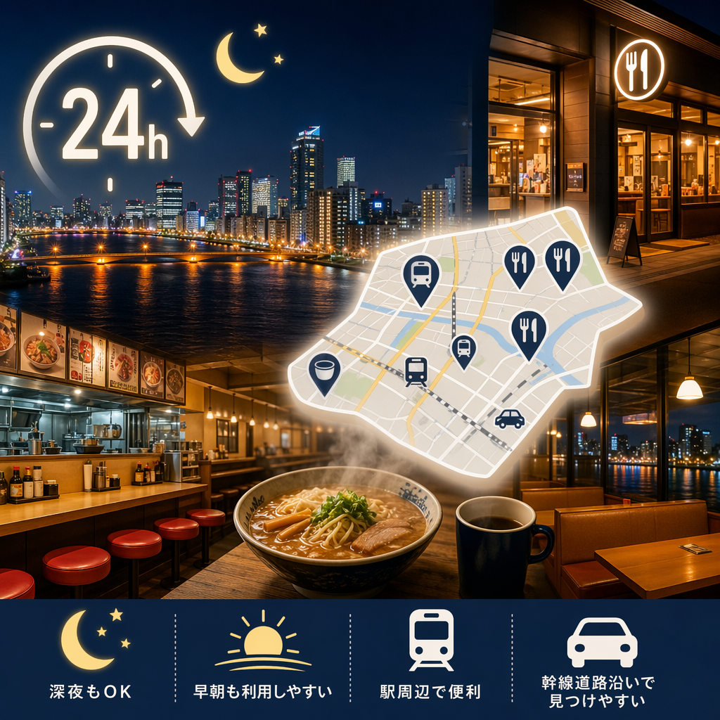 新潟の駅近で24時間営業のラーメン店を案内するイメージ、深夜や早朝も利用しやすい店舗紹