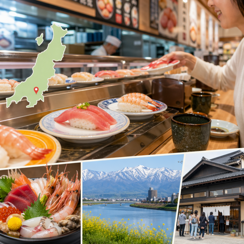 富山の景色と伝統建築を背景に、新鮮な海鮮ずしを楽しむ食事風景