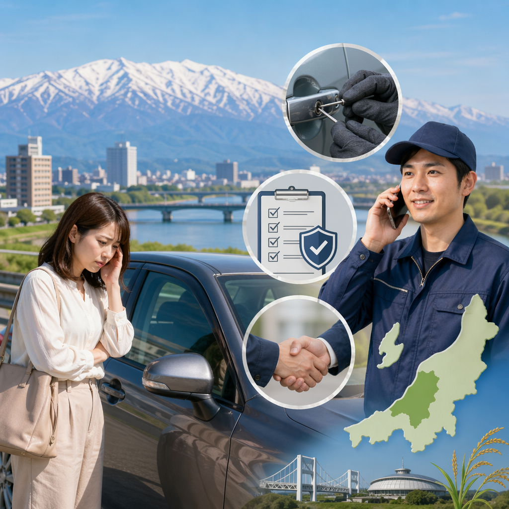 新潟で車のインロックに対応する日本の鍵開錠業者とロードサービスのイメージ
