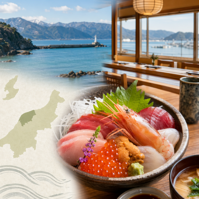 新潟の海を望む和食店で味わう新鮮な海鮮丼と刺身の盛り合わせ