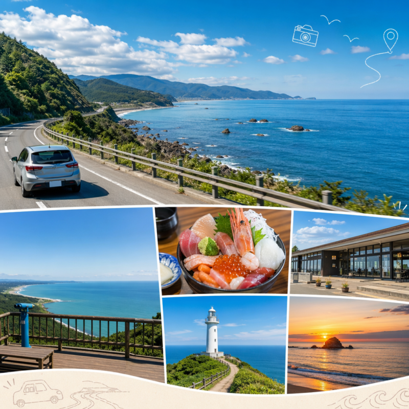 新潟の海沿いドライブで海岸線、灯台、新鮮な海鮮、夕日を楽しむ風景