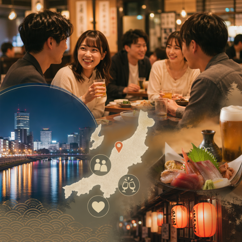 新潟のにぎやかな居酒屋で、相席しながら酒と和食を楽しむ男女グループ