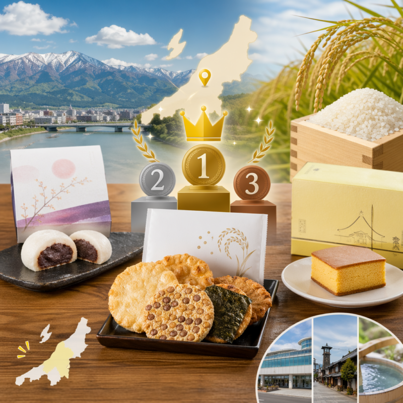 新潟土産の人気和菓子や米菓が並ぶ、田園と山並みを背景にしたおすすめ土産イメージ