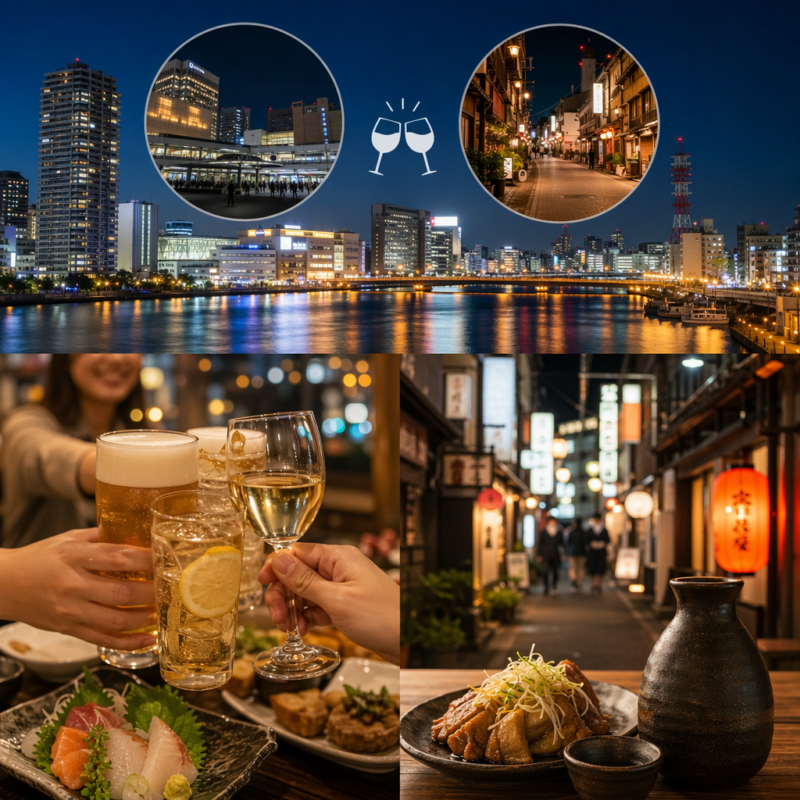 新潟市の夜景とにぎやかな街並み、居酒屋や郷土料理を楽しむ夜の街のイメージ