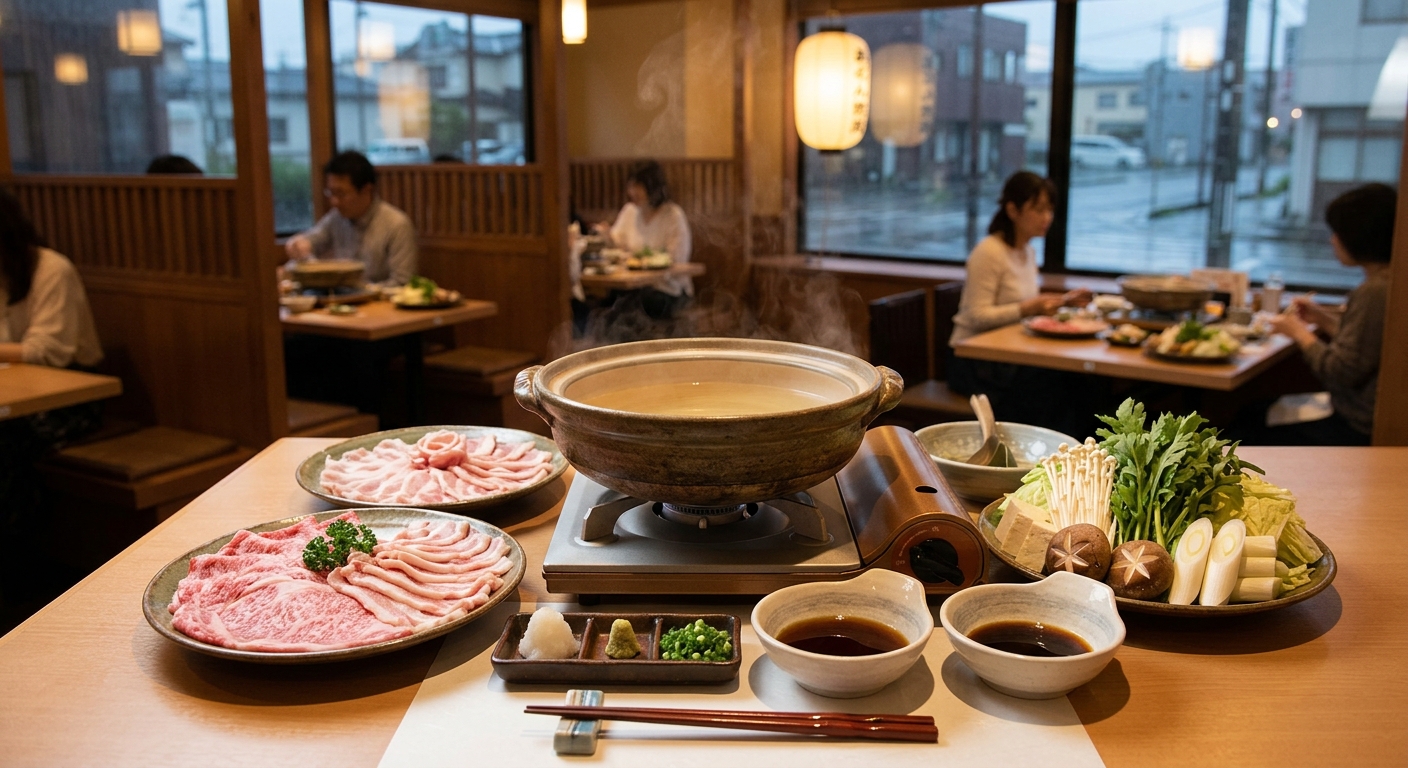 新潟市の店内でしゃぶしゃぶ食べ放題を楽しむ、肉と野菜が並ぶ温かい鍋料理 scene